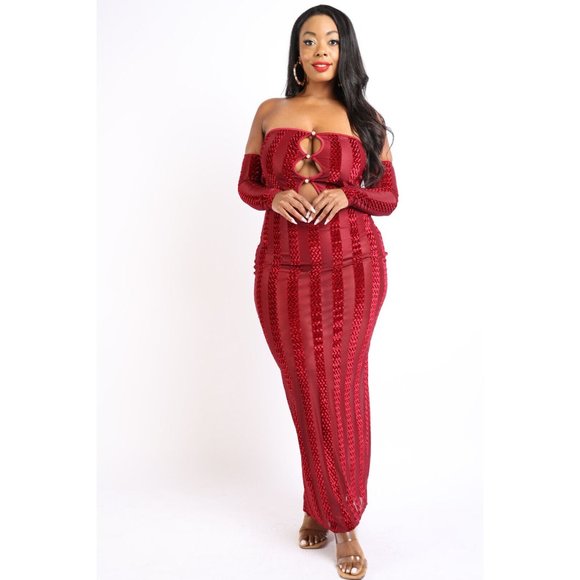 Boutique Dresses & Skirts - Women's Casual Long Sleeve Striped Velvet Off Shoulder Dress Plus Size Curvy